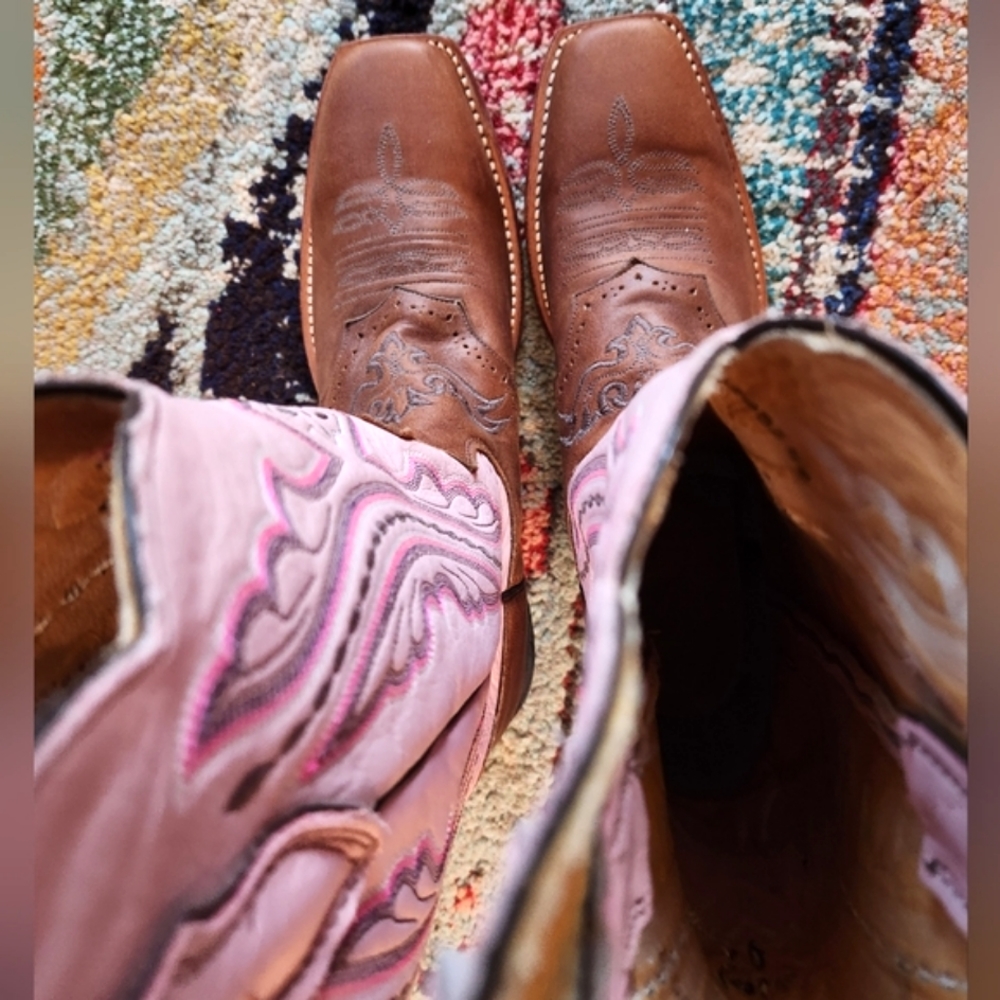 JUSTIN Punchy Pink Westerner Cowhide Foot COFFEE Leather Cowgirl Boots 8.5B EU C - Picture 5 of 16